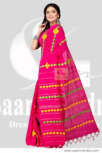 Handloom Indian Premium Hot Pink Geometric Cotton Saree